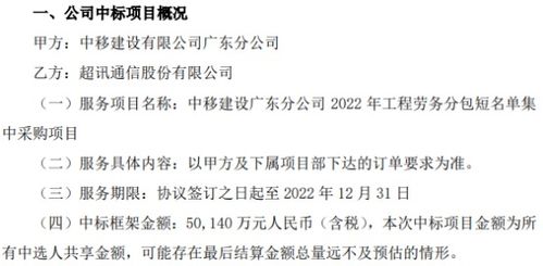 st超讯中选中移建设广东分公司2022年工程劳务分包短名单集中采购项目中标金额5.01亿 含税